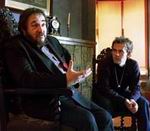 Rhys-Davies (Gimli) and Dominic Monaghan (Merry) at a publicity event